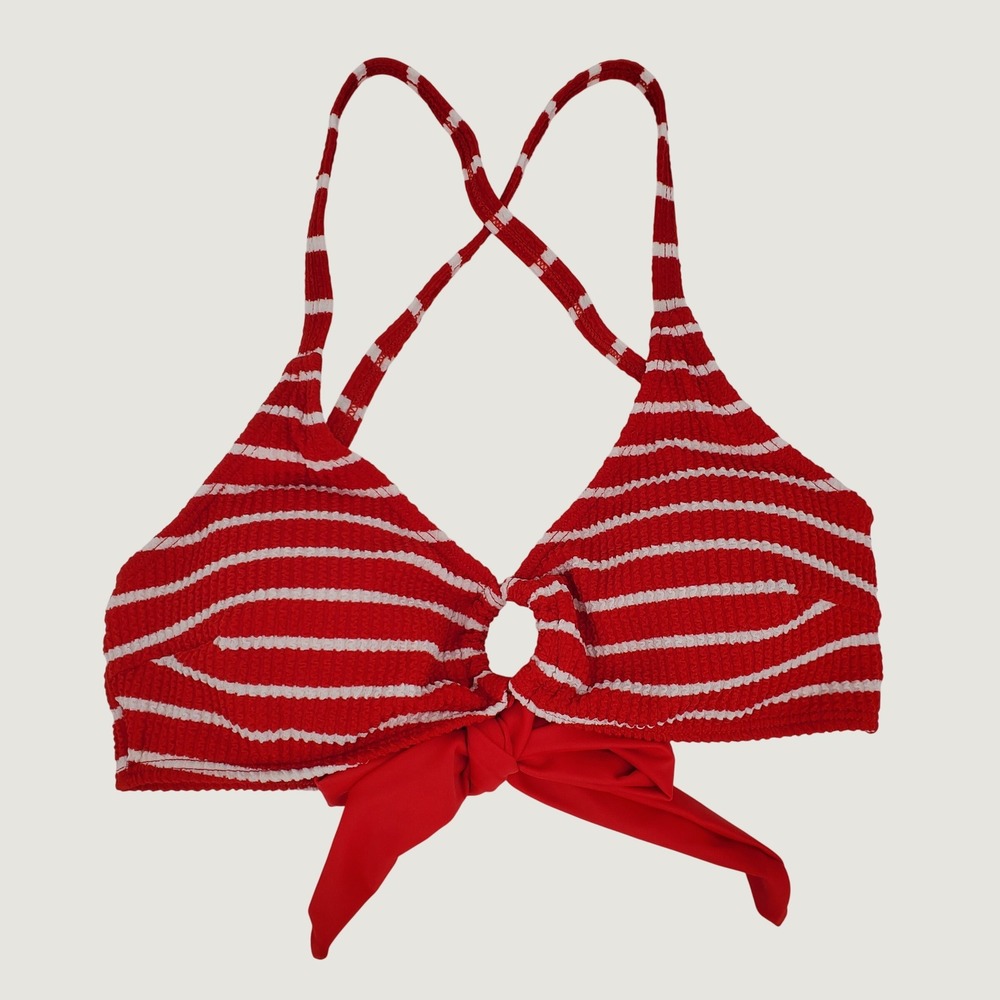 Blooming Jelly Red White Striped Textured‎ Bikini Top Medium Tie Back Padded New